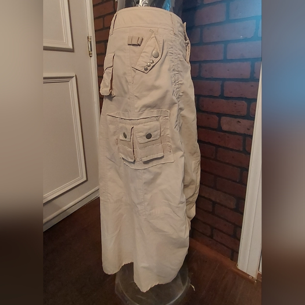 Y2K Utility Cargo Midi Skirt Cream Cotton Ruched Hem Deane White Sz 4 - Picture 5 of 13